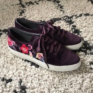 Sketchers Burgundy Purple Suede Floral Shoes